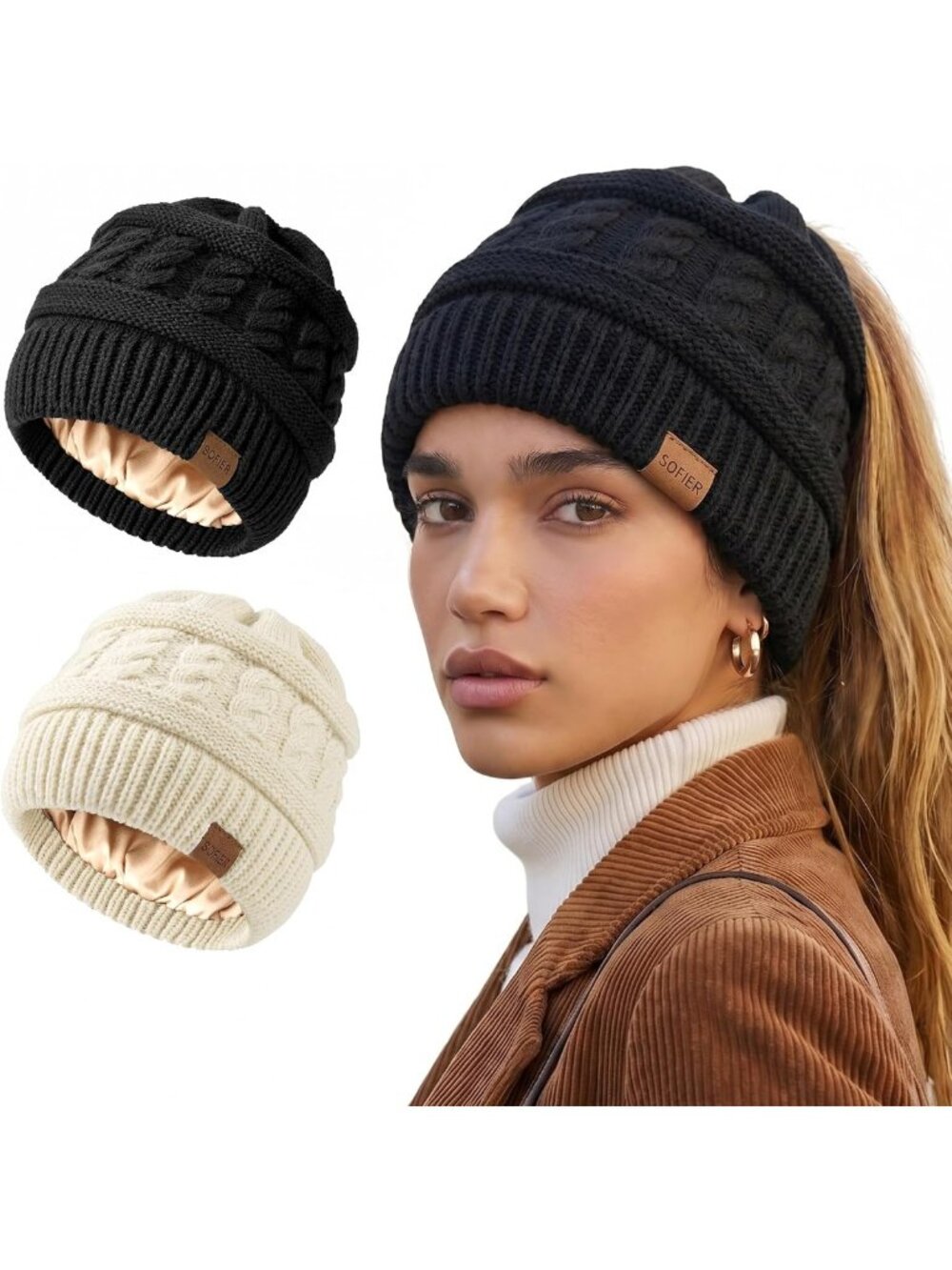 Cozy 2-Pack Women's Cable Knit Ponytail Beanie with Satin Liner - Winter Hats
